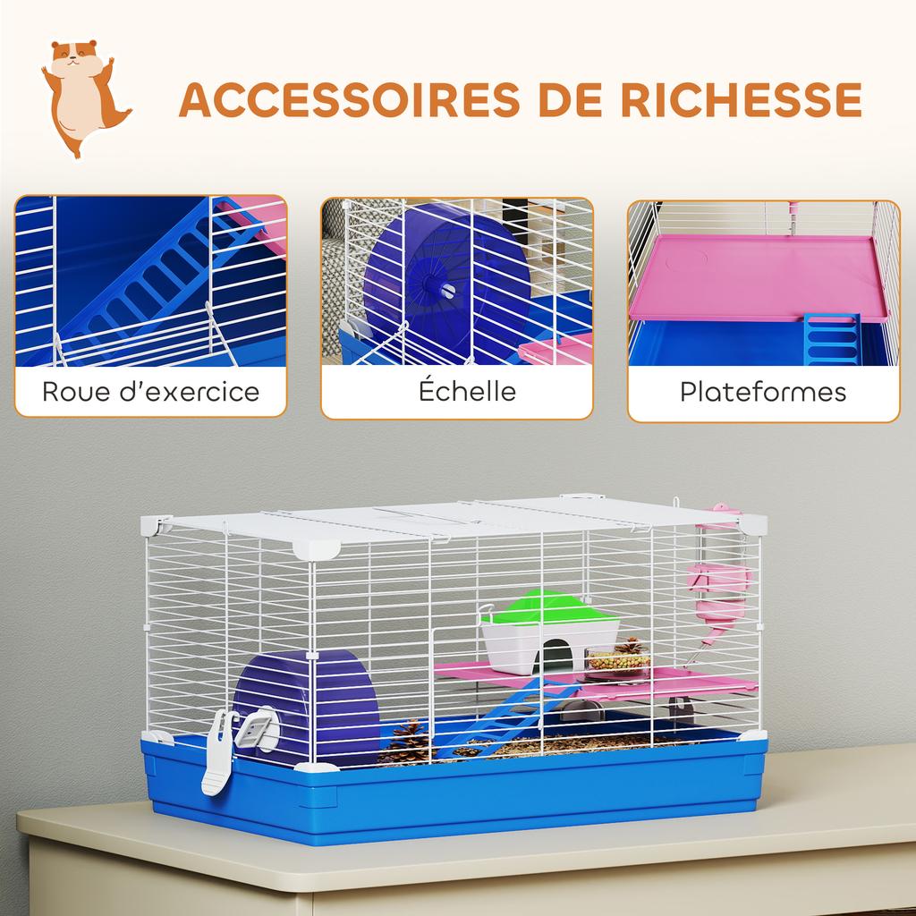 Hamster Cage, 2-Level Rodent Cage, Removable Base, Hideaway, Exercise Wheel, 47 x 30 x 27 cm, Blue
