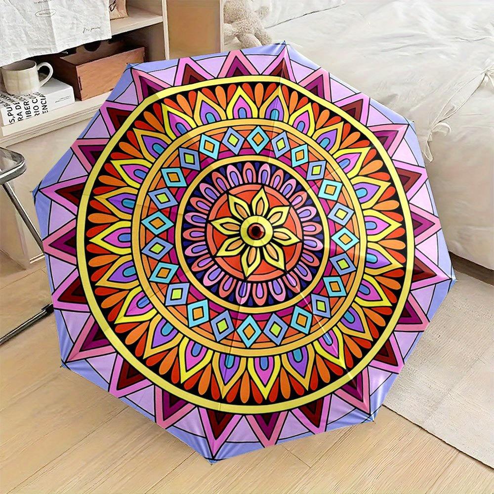 

Folding Umbrella The umbrella features vibrant geometric mandala patterns with a central sunflower motif surrounded by layers (as the picture,Iron&8K)
