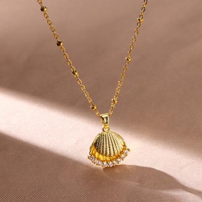 Zircon Shell Necklace For Women Gold Color Imitation Pearl Seashell Pendant Necklaces Aesthetic Wedding Jewelry Gift