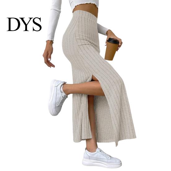 Casual Maxi Skirt with Side Slits High-Waisted Ribbed Long Flattering High-waisted Polyester Spandex Solid Color Hip Wrapped Autumn Winter Slimming