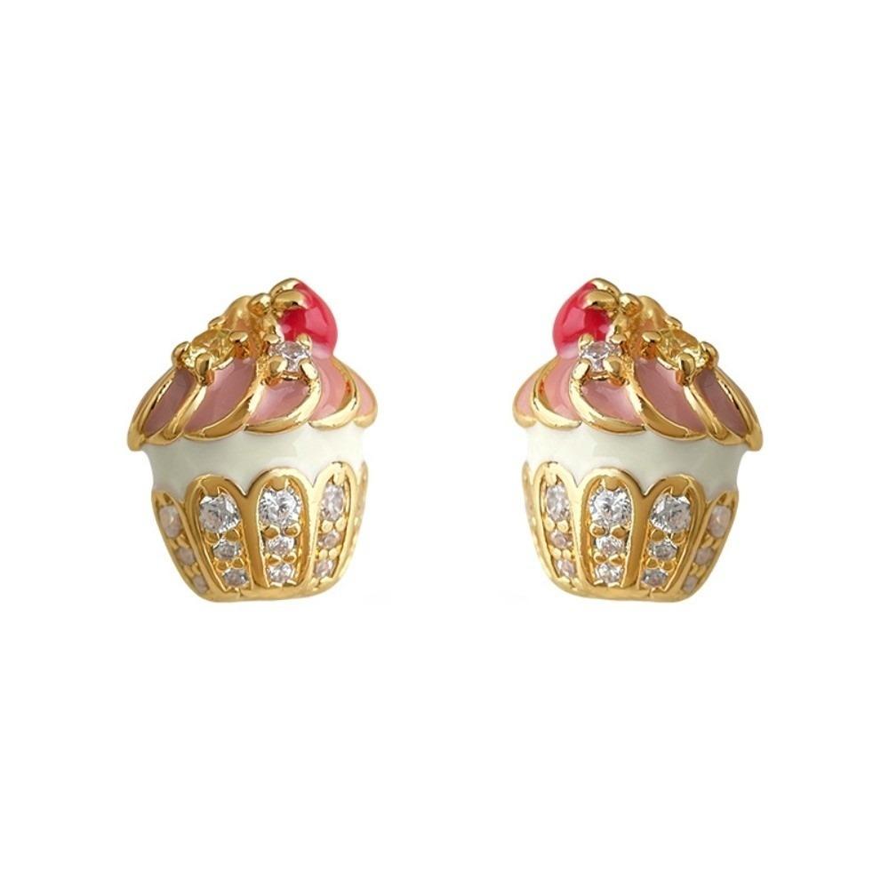 Enamel Birthday Cake Stud Earrings Childishness Zircon Mousse Cake Earrings Korean Style Y2K Ice Cream Ear Studs Gift