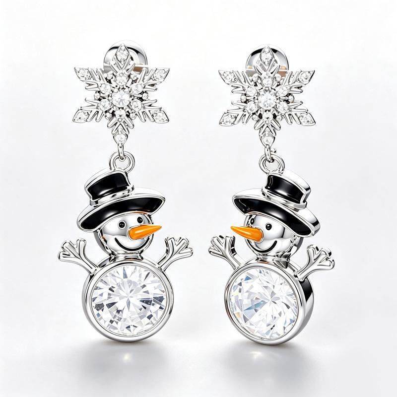 Christmas Snowman Snowflake Earrings Female, Romantic Christmas Wind Festive Atmosphere, Micro Inlay