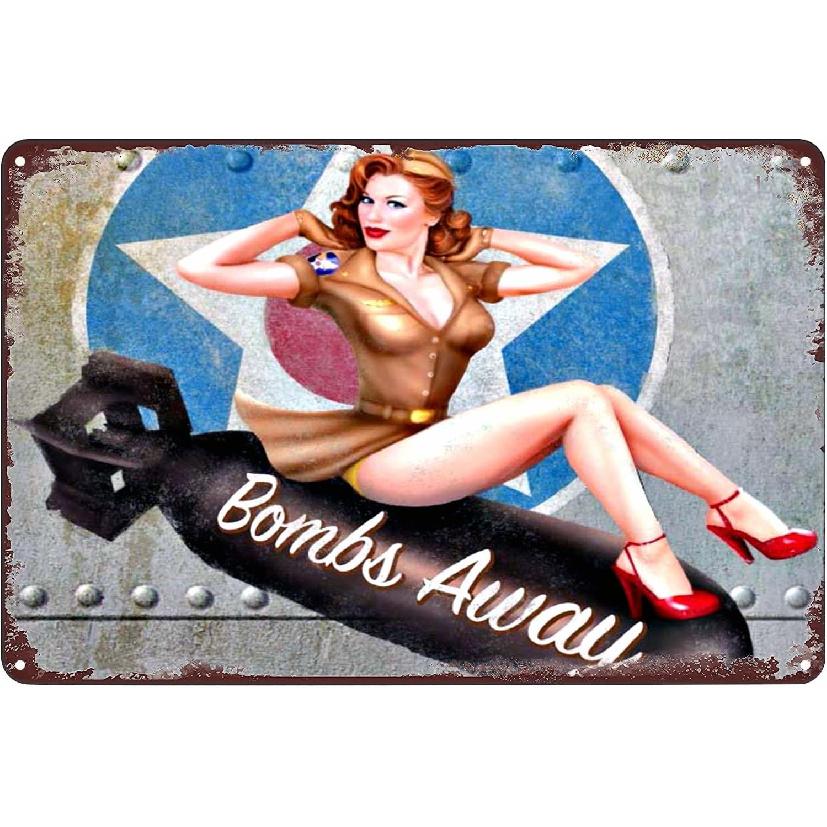 SREELEATHERS Pin-up Girl Aviation Nose Art Metal Poster Sexy Woman Bombs Away Vintage Tin Sign Wall Decor Plaque for Home Bar Club Living Room Garage