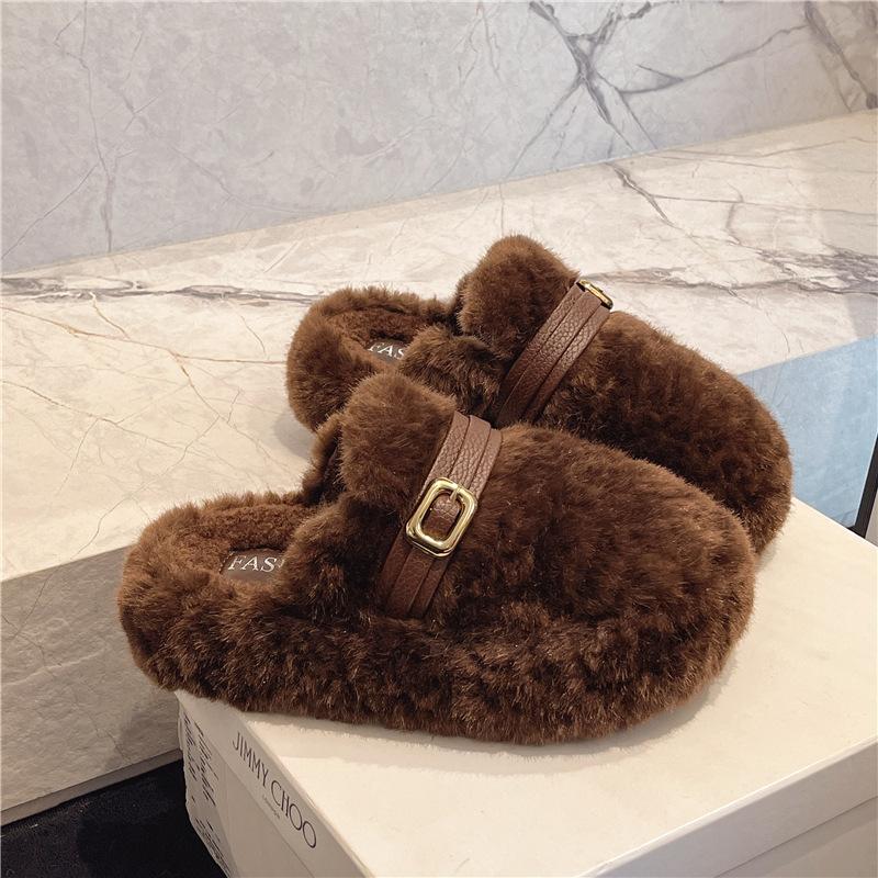 

Толстоподошвенные пушистые ботинки на скрытой платформе для женской верхней одежды 2025 новые зимние сапоги для снега с одним педальным ремешком, вечерние туфли с плюшевыми хлопковыми носками 40 коричневый