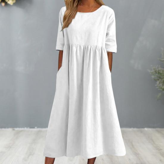 Strandkleid Kurzarm Rundhalsausschnitt Tasche Knitterarm Lässig Alltagskleidung Leinen Einfarbig Damenkleid Urlaubsaccessoire