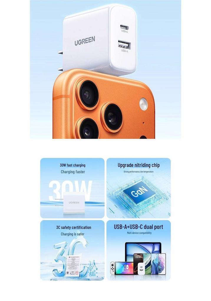 UGREEN 30W Dual-Port Charger for iPhone 15/13, iPad, Huawei, Android