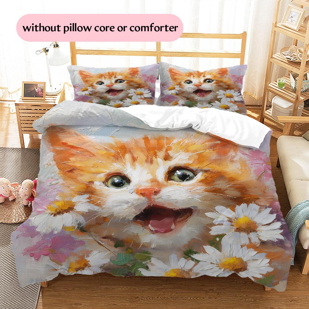 Cat Holding Flowers Pattern Bedding Quilt Set Home Decoration Gift (1 * Duvet Cover + 2 * Pillowcase, Without Core)