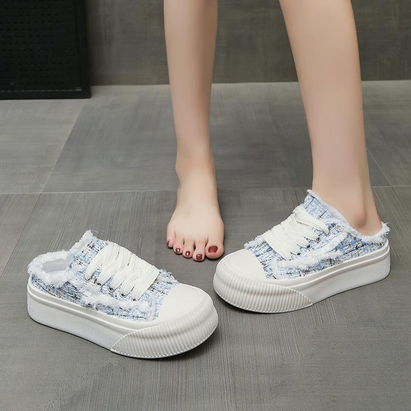 Half slippers women's 2024 new summer bag head outer wear small fragrant wind one pedal lazy thick-soled canvas half slippers women