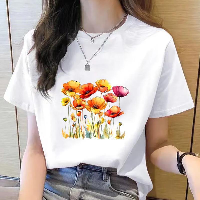 Korean Style Women's Floral Printed Short Sleeve T-Shirt, Round Neck, Casual Fashion for Youth