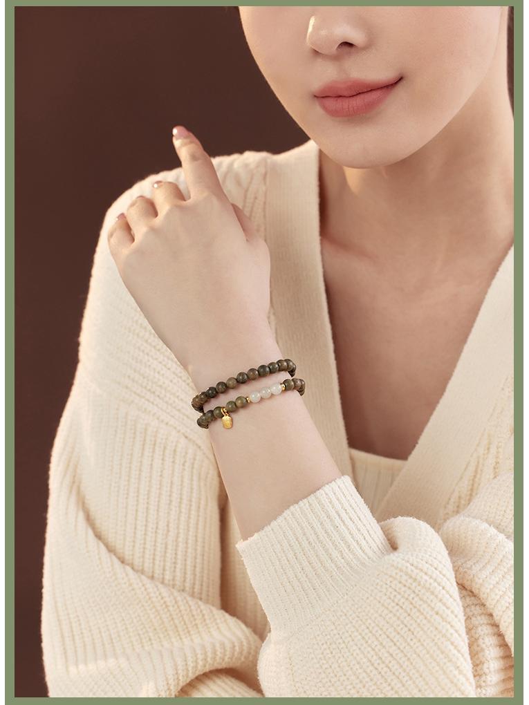 Tan Wangqing Natural Green Sandalwood & Hetian Jade Silver Bracelet - New Chinese Ancient Style Gift for Women