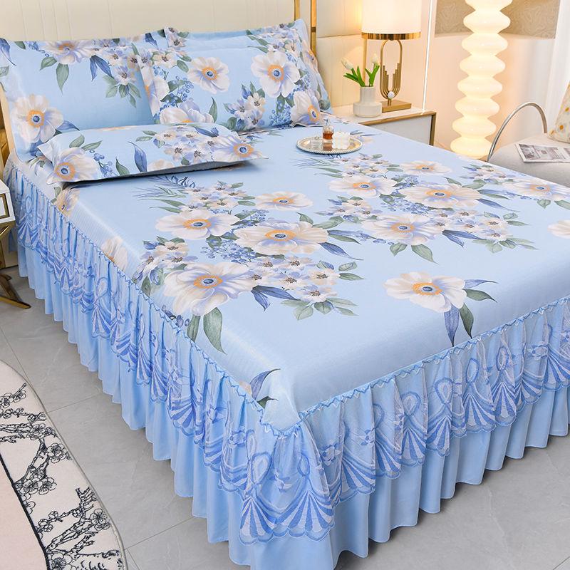 Ice Silk Lace Bed Skirt & Cool Mat Set - Breathable Rattan Design