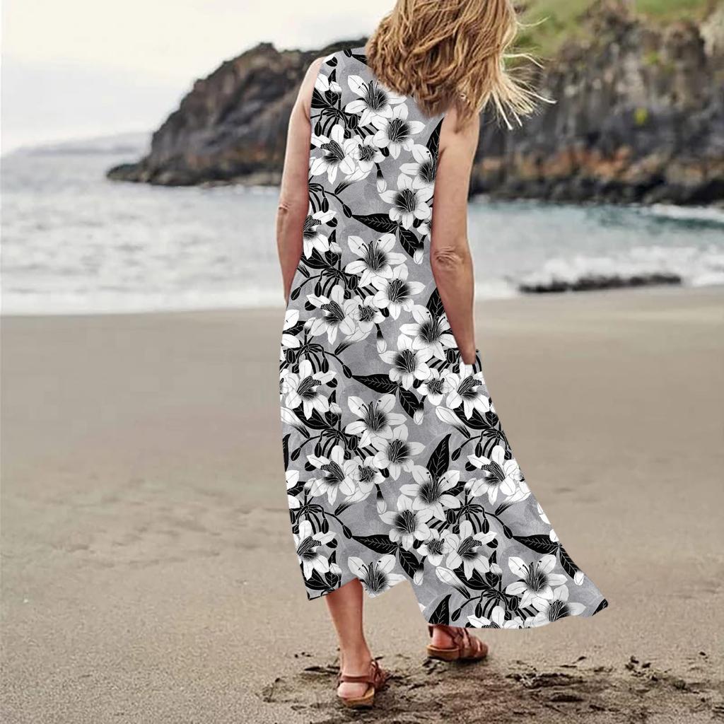 Γυναικείο Casual Άνετο Φόρεμα με φλοράλ στάμπα αμάνικο βαμβακερό τσεπάκι