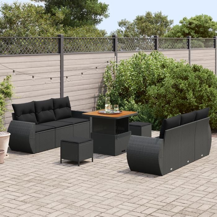 VidaXL Ensemble de Sofa de Jardin 9 Pièces avec Coussins Noir Rattan Poly Acacia 3361824