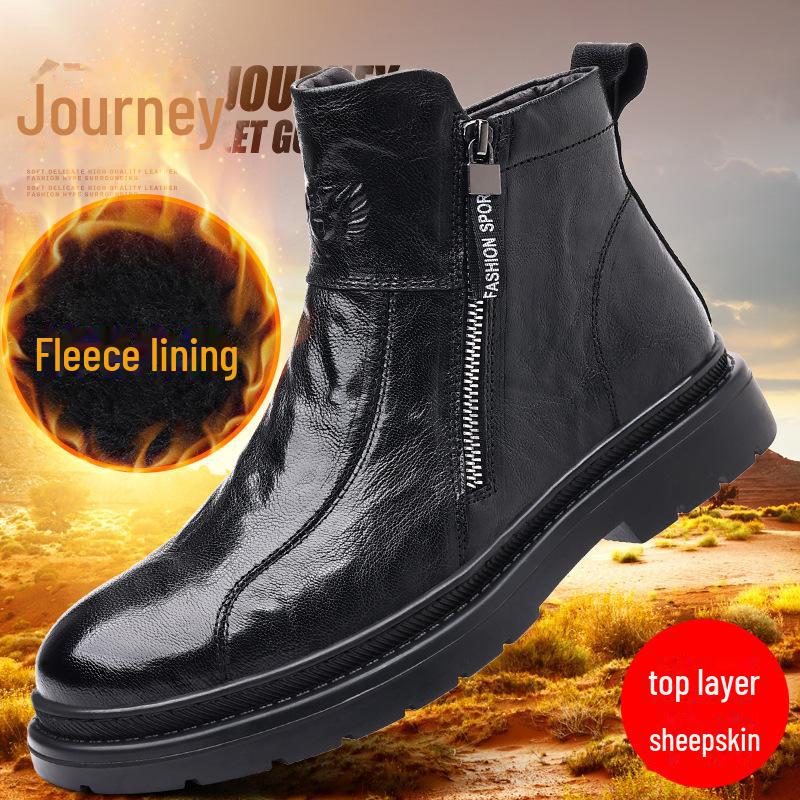 Men's Genuine Leather High-Top Martin Boots with Velvet Lining - Stylish and Warm Motorcycle Work Boots