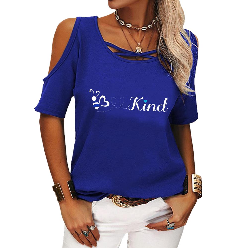 Women Fashion Print Tee Shirt Summer Off Shoulder Short Sleeve Top Ladies Casual Round Neck T-shirt