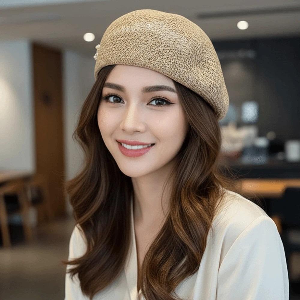 Korean Style Hollow Out Forward Cap Solid Color Vacation Beach Hat Woven Sun Beret Cap  Daily