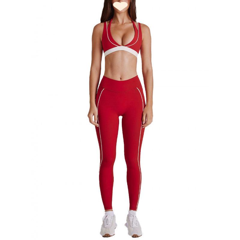 Q1R Two-Piece Color Block Fitness Shorts & V-Neck Halter Sports Bra Yoga Set - Quick-Drying & Breathable