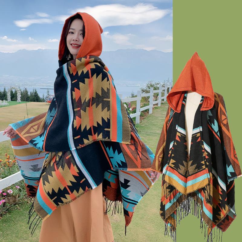 Autumn Winter Elegant Retro Print Scarf Women Layers Poncho Warm Tassels Scarve Capa Para Mujer Pashmina Cloak Wrap Shawl