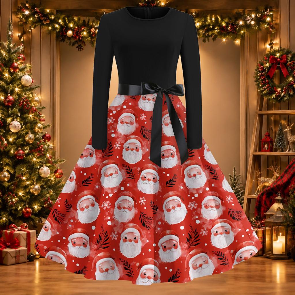 Women's Casual Fashion Christmas Print Round Neck Vintage Dress for Holiday Parties