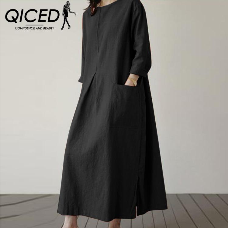 QICED Women Casual Cotton Long Dress O-Neck 3/4 Sleeves Casual Dresses