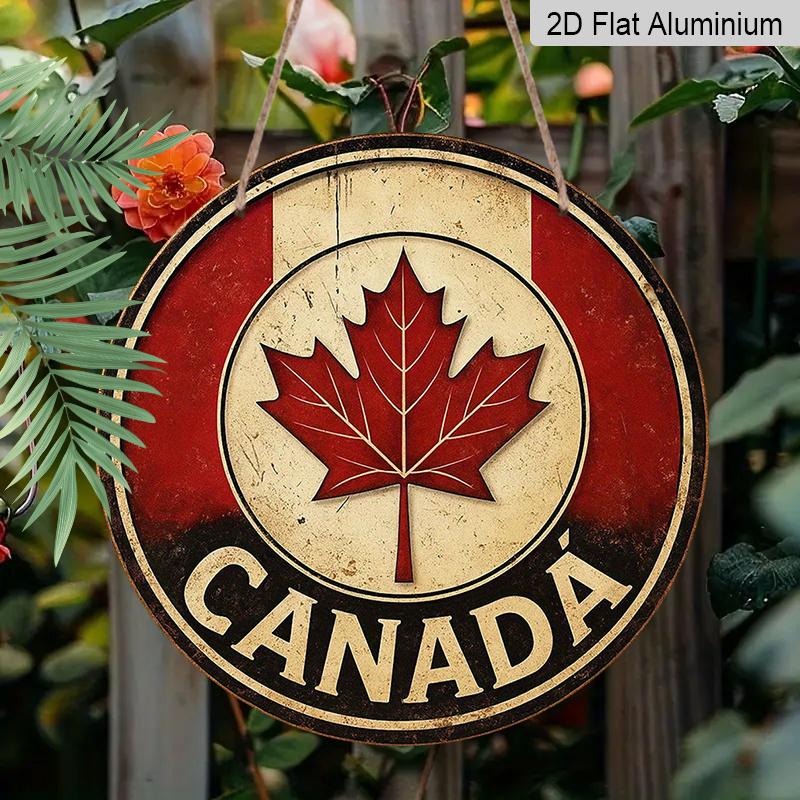 2D Flat, 1pc Round Aluminum Canada Maple Leaf Sign, Vintage Retro Canadian Flag Wall Decor, Waterproof & Durable, Perfect for Canada Day, Home