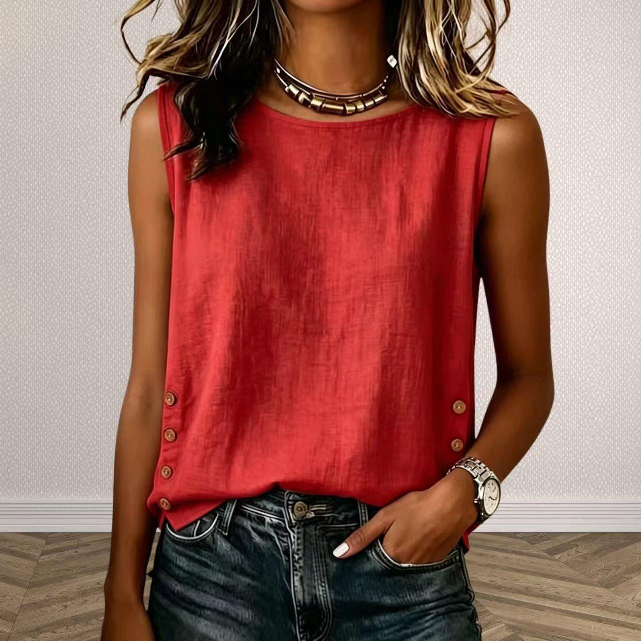 Women s new summer solid color round neck loose casual T-shirt top S красный
