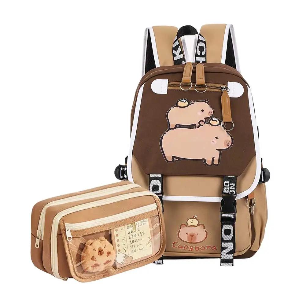 Capybara Flap Backpack with Pencil Case Fashion Casual Nylon Cute Bag Large Capacity Bookbag Animal Cartoon Daypack for Teens