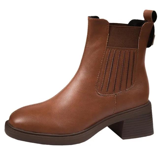 Fashion British Platform Pu Leather Ankle Boots for Women Spring Autumn Retro Soft-soled Casual Designer Women's Elastic Boots Shoes