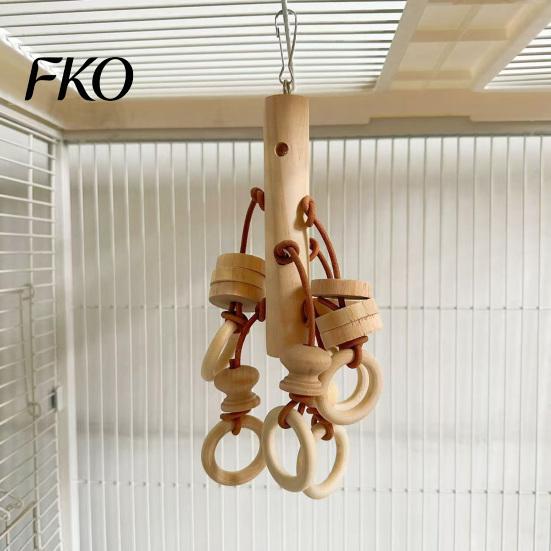 Bird Chew Toy Wood Blocks Parrot Toy, with Wooden Rings, Beak Care Biting Hanging Cage Accessory for Parakeet Conure Cockatiel