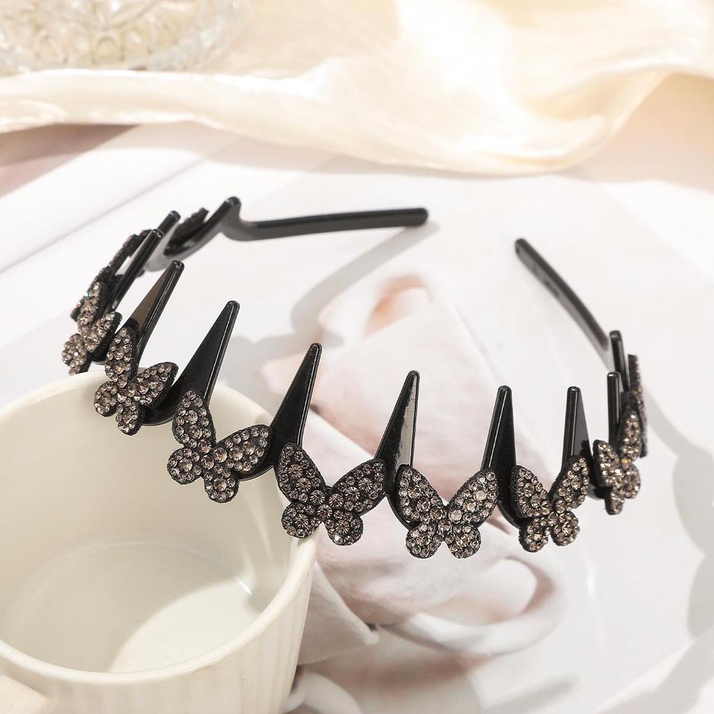 Korean Sparkly Rhinestone Flower Wavy Black Headband with Non-slip Teeth for Women