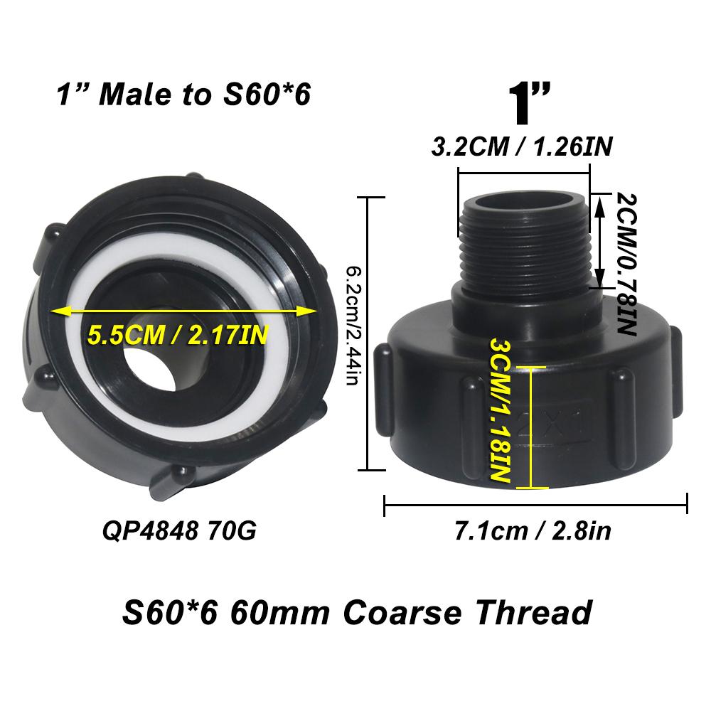 2Pcs S60x6 IBC Tote Tank Fitting Hose Drain Adapter 1/2inch 3/4inch 1inch Thread IBC Tank A Dapter Tap Connector Replacement