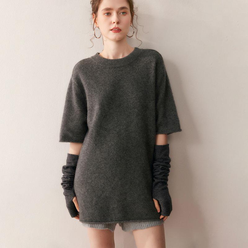 Women's Mid-Length Cashmere Knit Pullover - Five-Point Sleeves, Round Neck, Elegant Simplicity