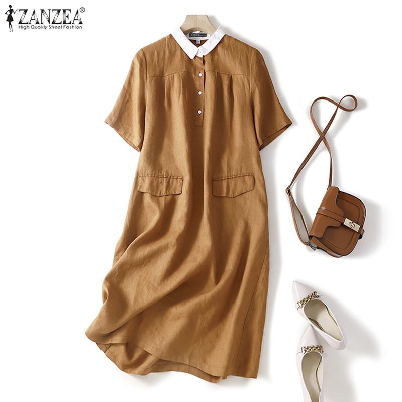 

ZANZEA Женское повседневное летнее хлопковое платье с отложным воротником и короткими рукавами