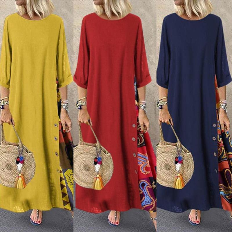 Abito lungo a mezza manica a mezza manica allentato casual alla moda da donna Abito lungo da vacanza floreale Plus Size Vestidos Longos Robe