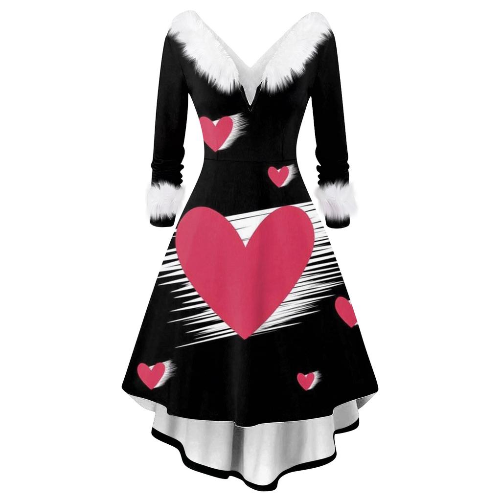 Damen stilvolles und elegantes langärmeliges V-Ausschnitt Kleid mit Valentinstags-Herzprint