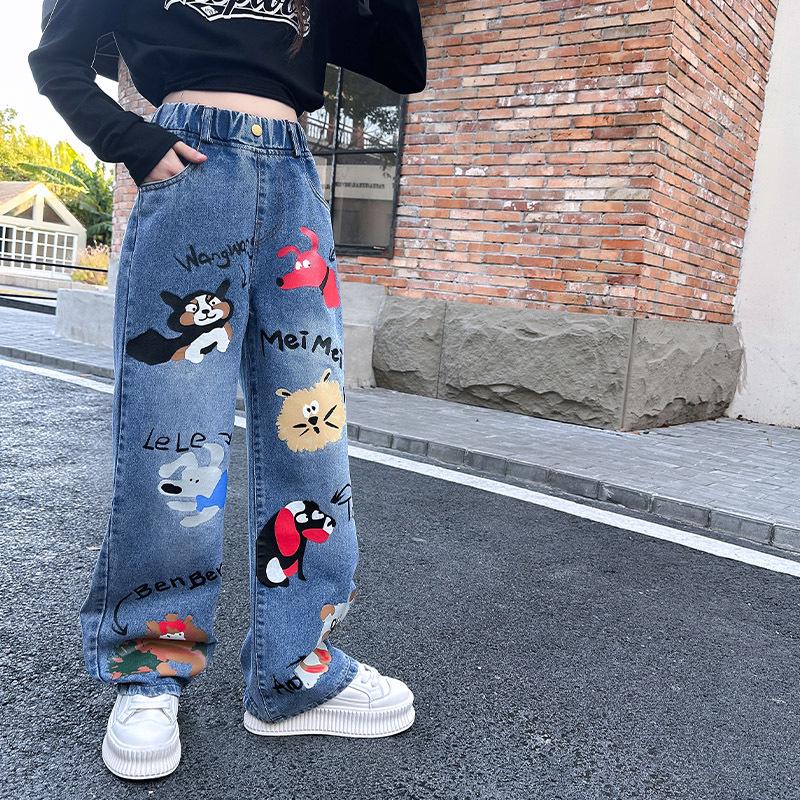 Girls' Cartoon Jeans - Spring/Autumn, Korean Style Loose Fit, Wide-Leg Trousers for Kids