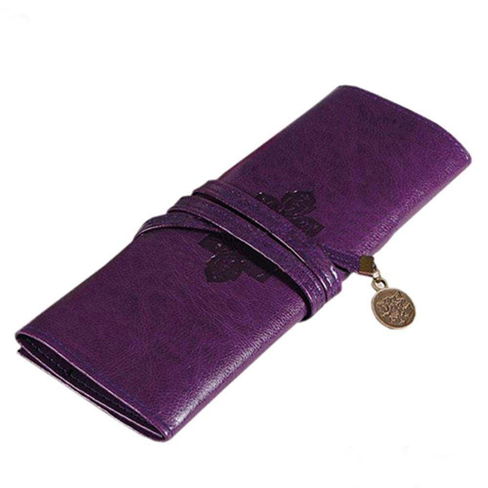 

PU Leather Retro Stationery Roll Pencil Bags Vintage Pencil Case Cosmetic Bag Roll Pen Bag фіолетовий