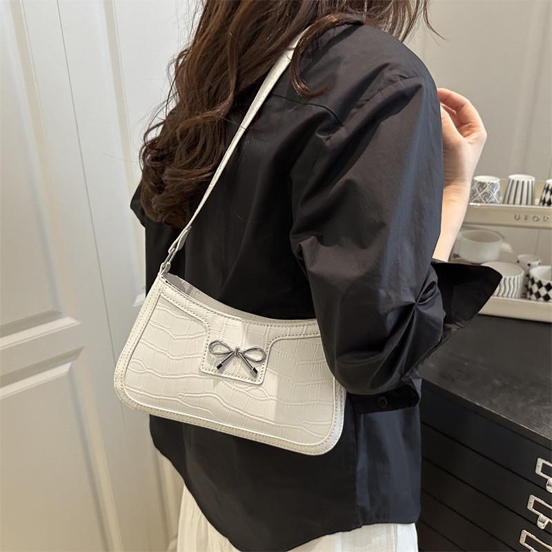 Color Simple Solid Bow Decoration Crocodile Texture Women Casual Shoulder Bag