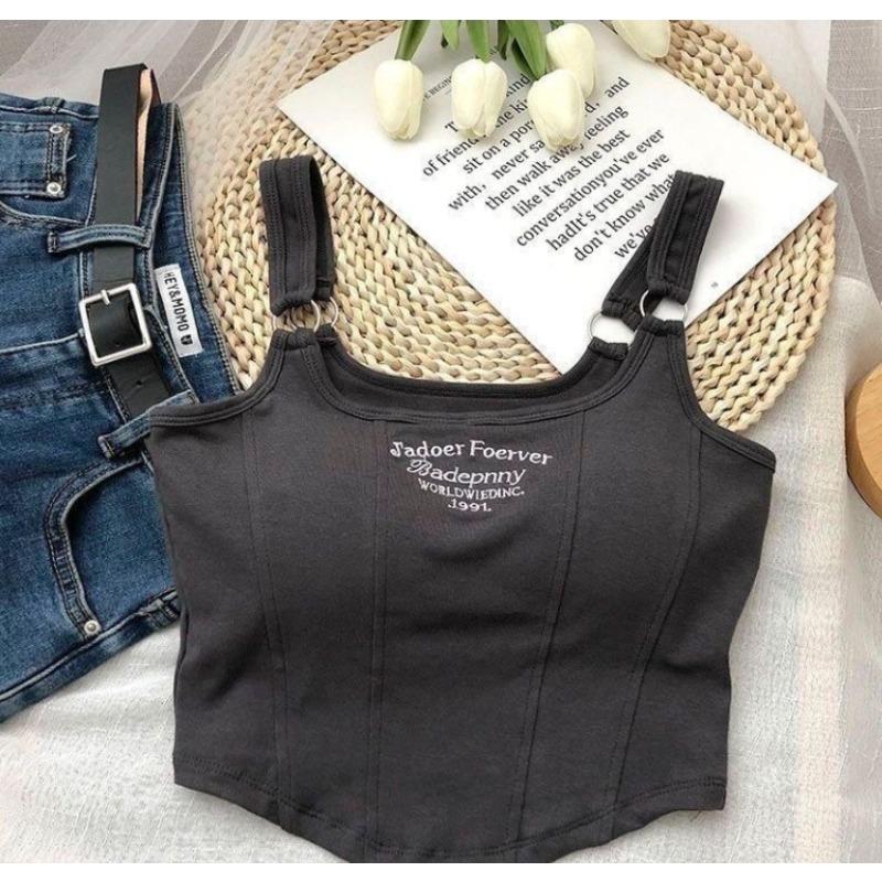Camisetas sin mangas cortas con letras de diseño y almohadilla para sujetador, camisetas sexys a rayas delgadas, camiseta sin mangas con cinturón de hombro Y2K, camiseta sin mangas con anillo de hierro
