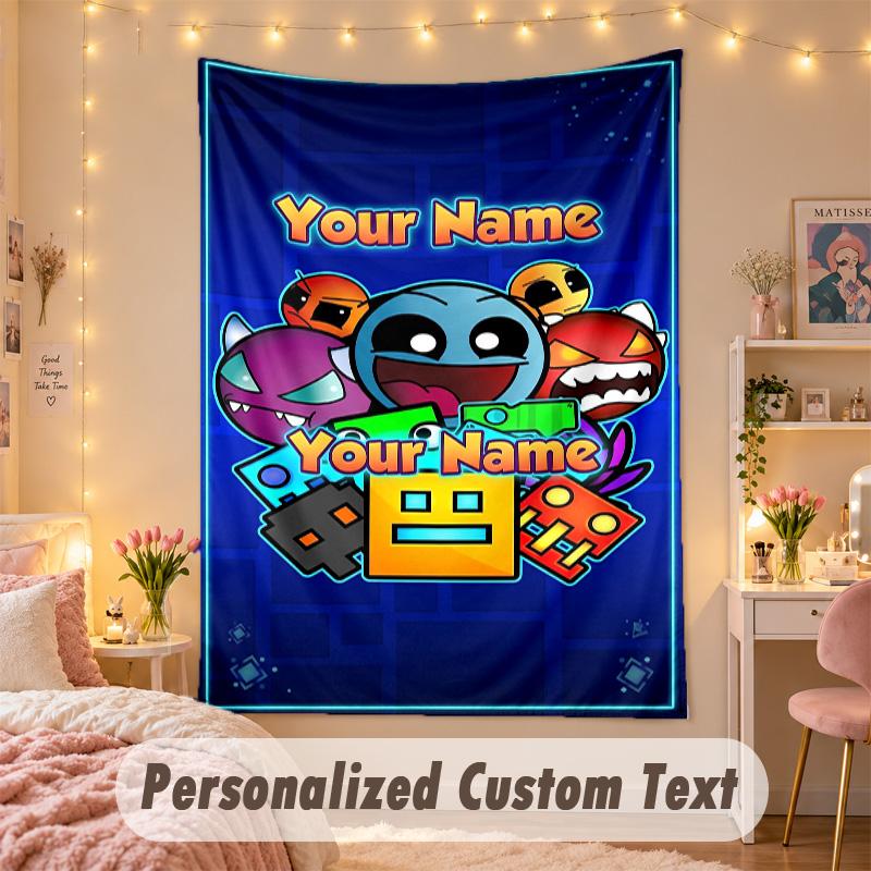 Custom Personalized Tapestry,Geometry Dash Print Custom Name Text Wall Art Hanging for Bedroom
