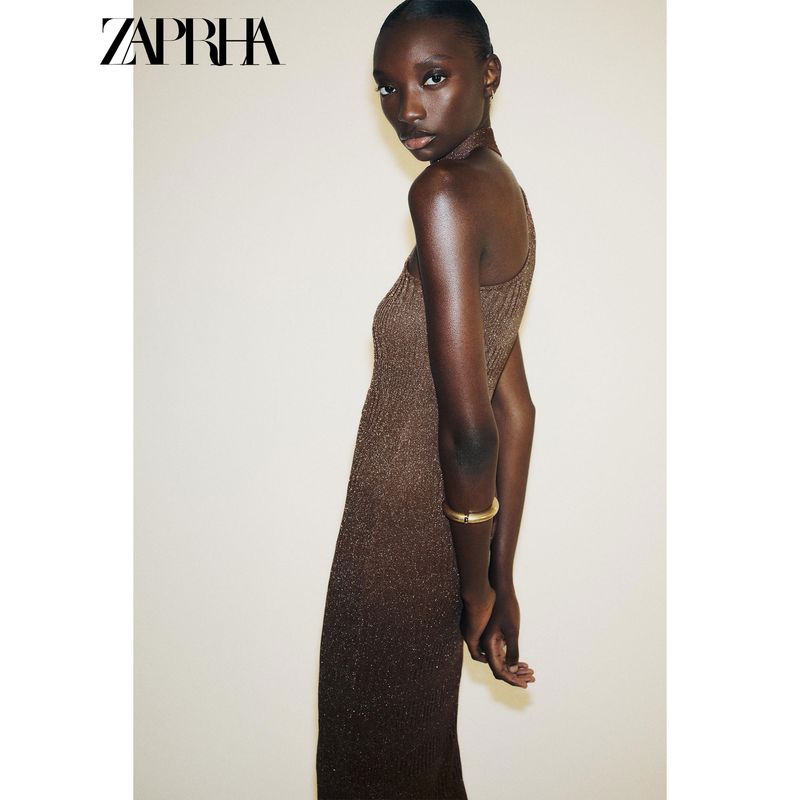 Zaprha 2025 Autumn New Maillard Style Sleeveless off-Shoulder Asymmetric Collar Midi Dress 5063802