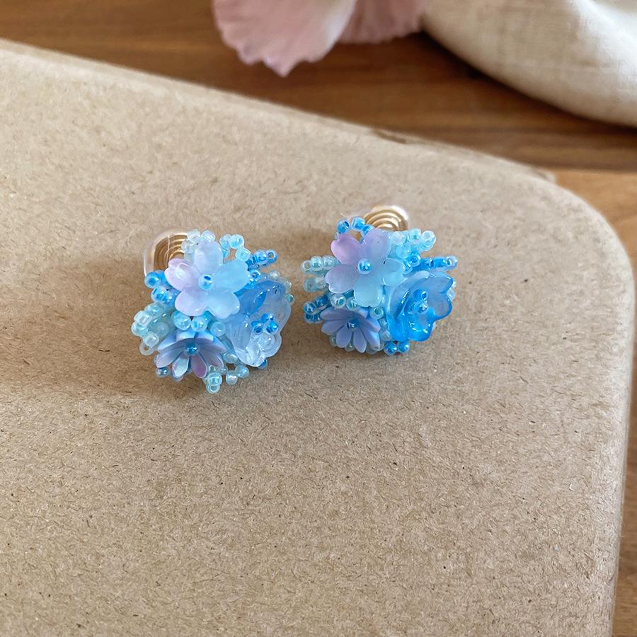 New blue flower fringed earrings, fresh niche design studs, women's summer vacation earrings