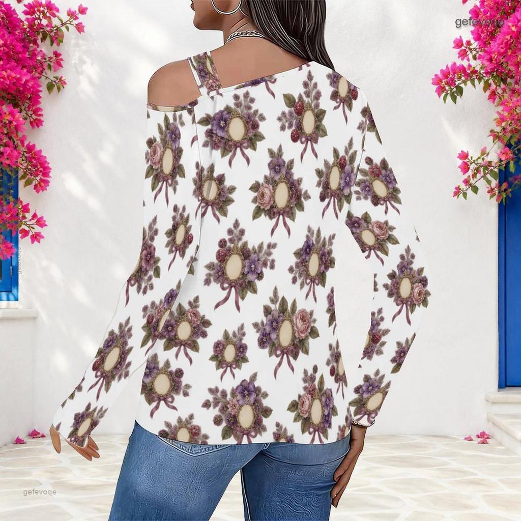 Women Plus Size White Asymmetric Cutout Neck Cold Shoulder Long Sleeve Floral Printed Top