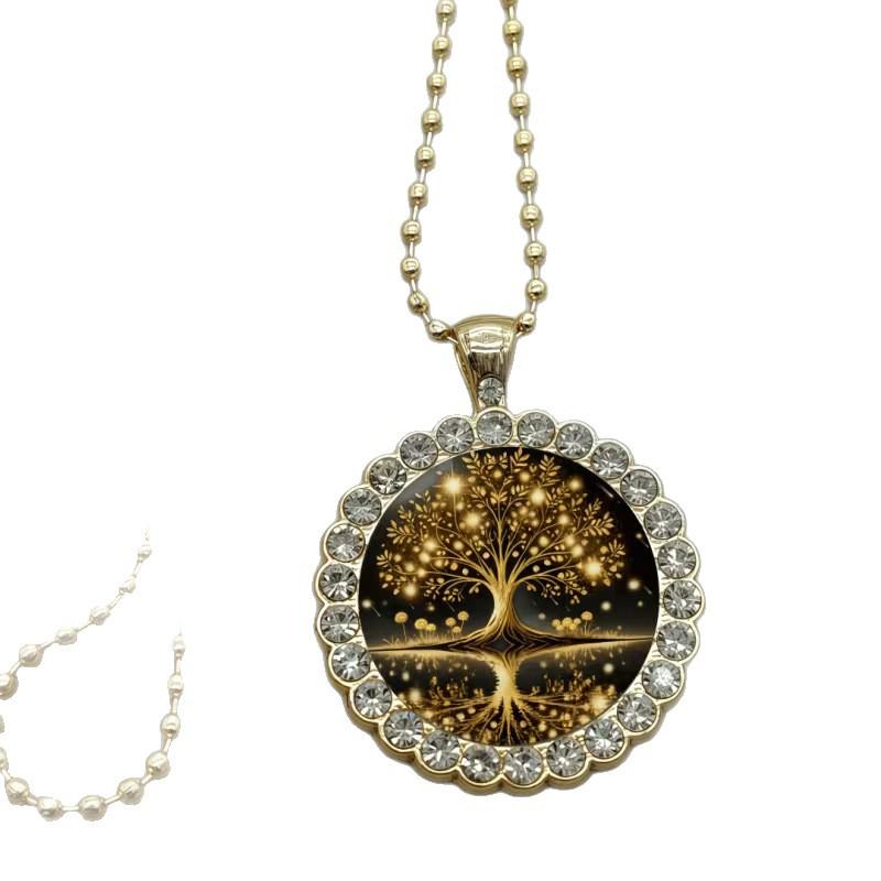 Tree of Life Pendant Necklace Retro Gold Round Lace Glass Painted
