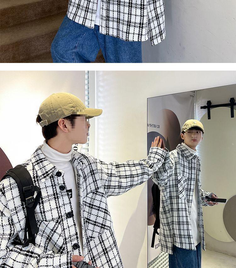 Men's Plaid French-Style Wool Coat - Autumn/Winter Trendy Lapel Loose Jacket.