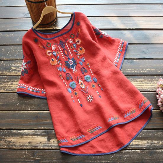 T-shirt Embroidered Loose National Style Ladies Short Sleeve Oversize Blouse