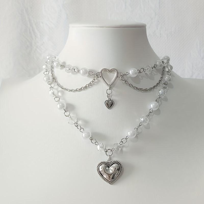 Multi-Layer Faux Pearl Love Heart Pendant Necklace for Women New Fashion Y2K Choker Party Jewelry Occasions