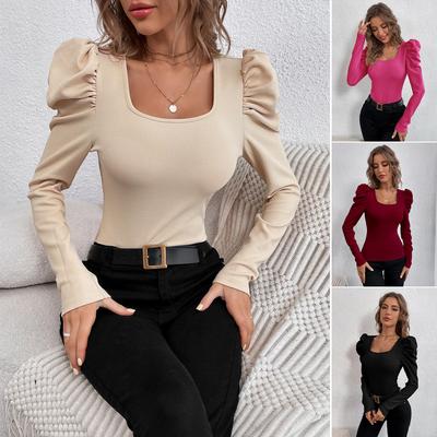 Spring Autumn Fashion Long Sleeve Square Collar Slim T-shirt  Short Temperament T-shirt Solid Color Comfortable Casual Knit T-shirt
