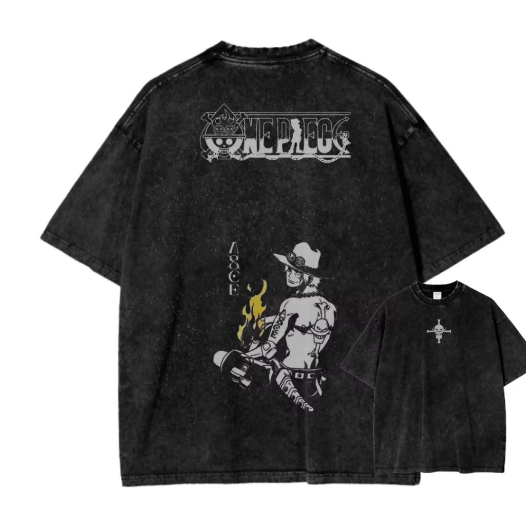 Portgas D. Ace One Piece Gewaschen Übergroß Vintage Unisex Anime Manga Grafik T-Shirt Streetwear Kurze Ärmel Hohe Qualität Damen Herren Kleidung