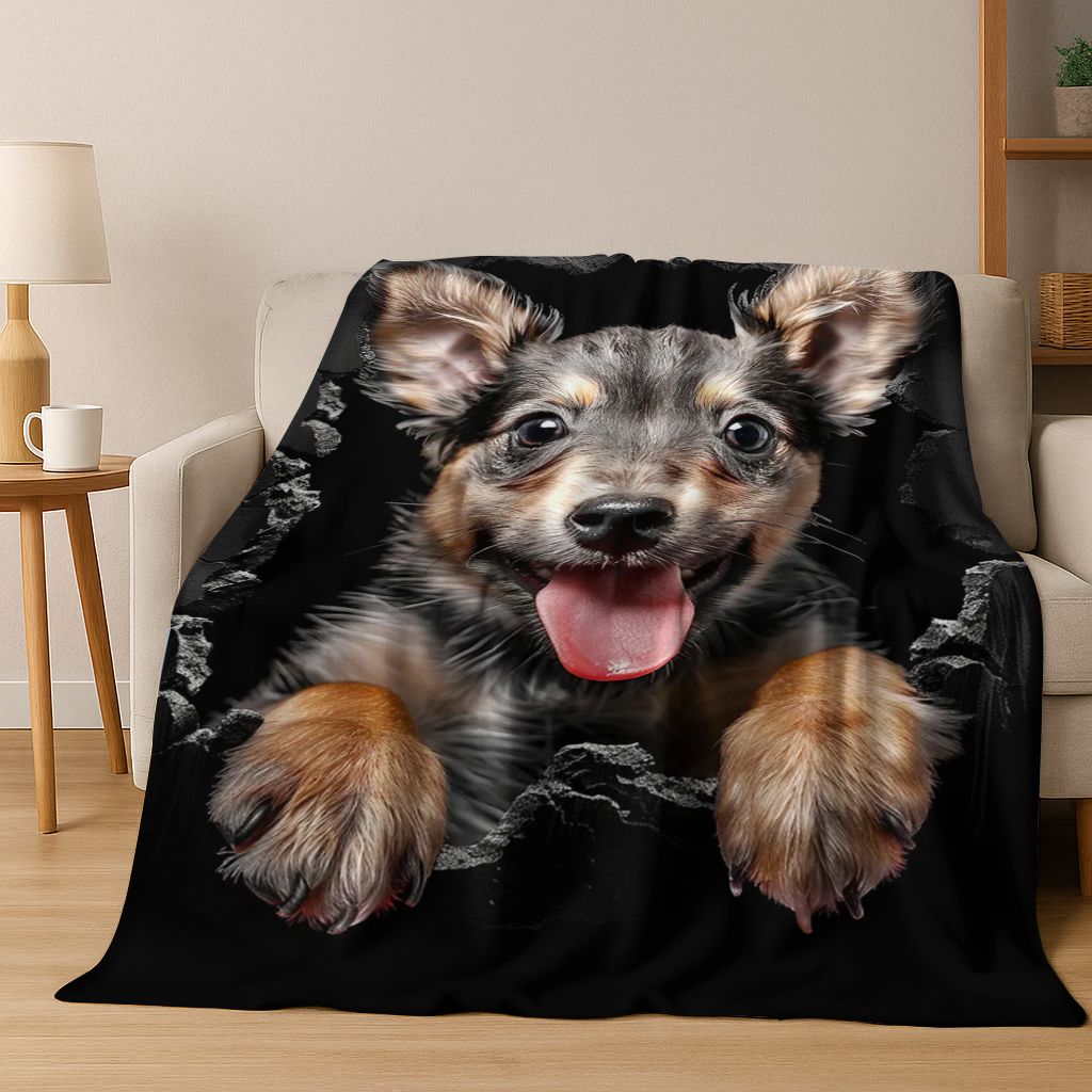 3D Illusion durchbrechende Wand Hund Welpe Niedliche Flanelldecke, Gemütliche Weiche Überwurfdecke für Zuhause Schlafzimmer Bett Sofa Picknick Abdeckung Geschenk Kind